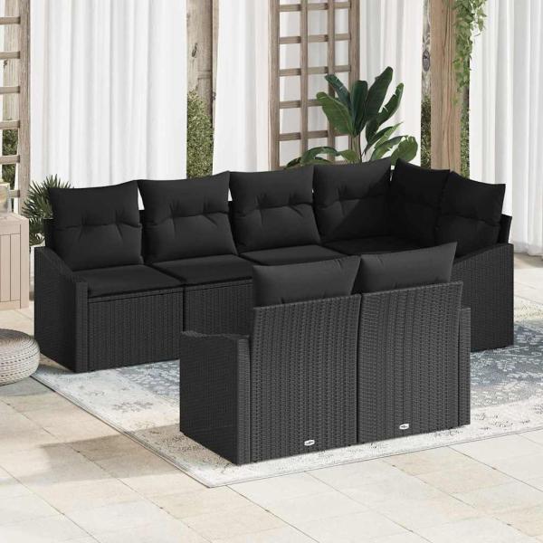 ARDEBO.de - 7-teiliges Garten-Sofa-Set mit Kissen Schwarz Poly Rattan