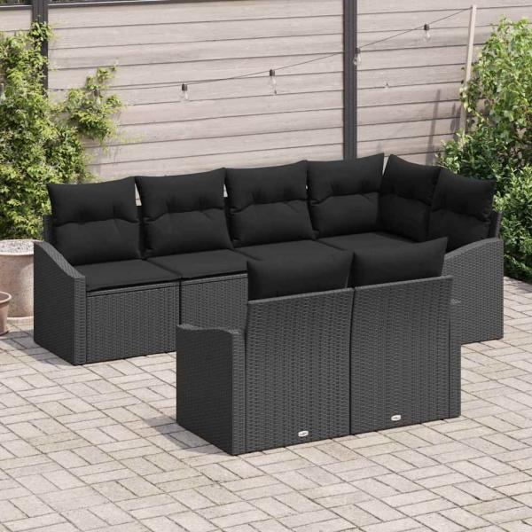 7-teiliges Garten-Sofa-Set mit Kissen Schwarz Poly Rattan