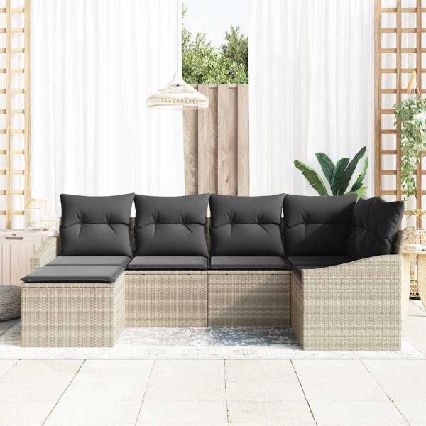 6-teilige Garten-Sofa-Set mit Kissen hellgrau Poly-Rattan