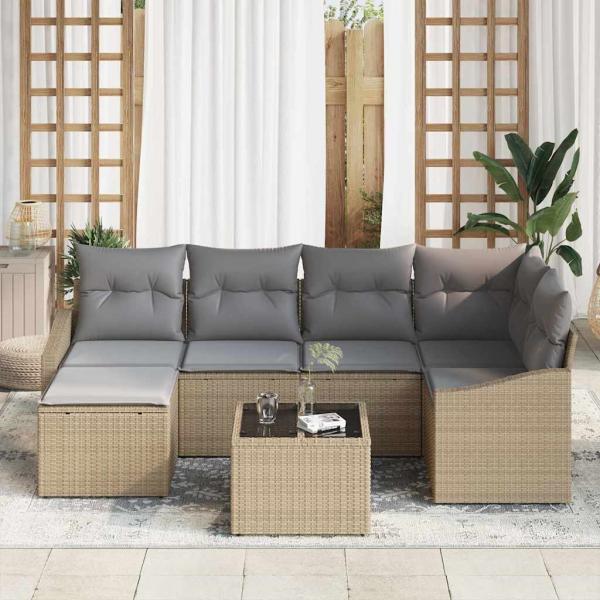 7-teiliges Garten-Sofa-Set mit Kissen Schwarz Poly Rattan