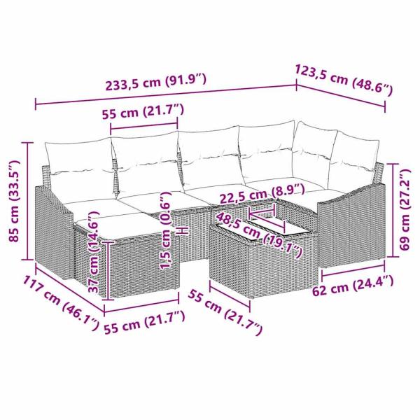 7-teiliges Garten Sofa Set mit Kissen braunes Poly Rattan