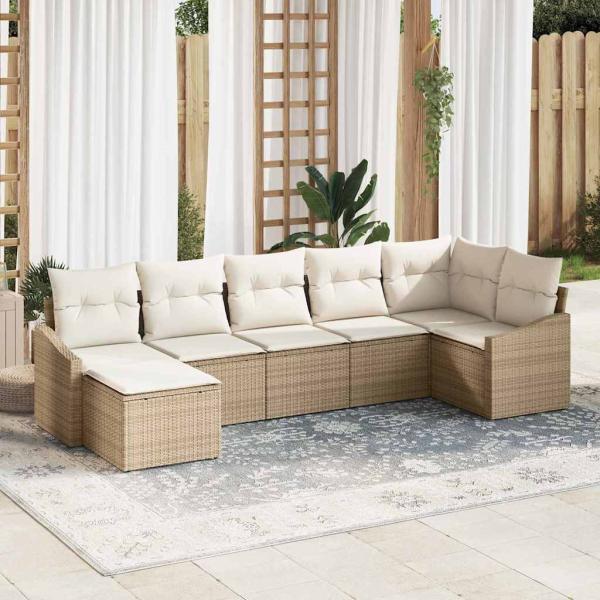 ARDEBO.de - 7-teiliges Garten-Sofa-Set mit Kissen Beige Poly-Rattan