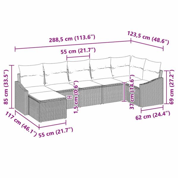7-teiliges Garten Sofa Set mit Kissen in Hellgrau Poly Rattan