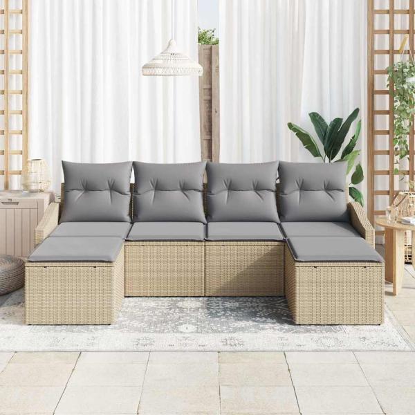 6-teiliges Garten Sofa Set mit Kissen Beige Poly Rattan