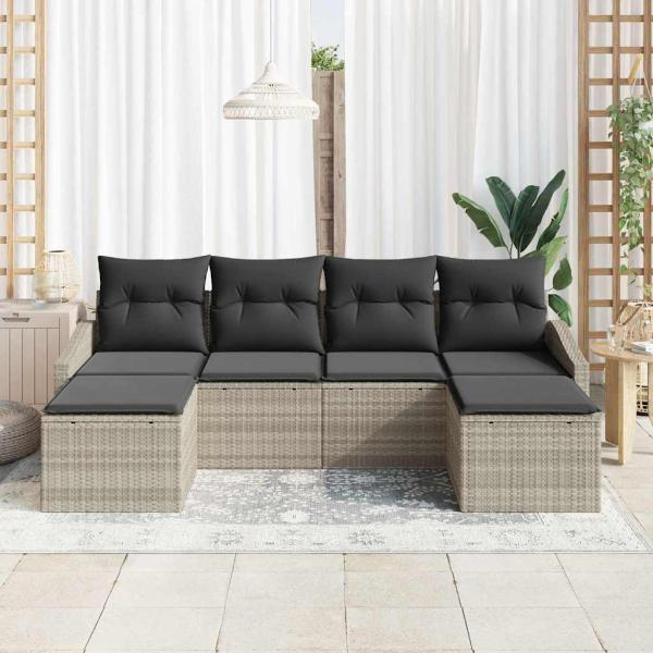 ARDEBO.de - 6-teiliges Garten Sofa Set mit Kissen in Hellgrau aus Poly Rattan