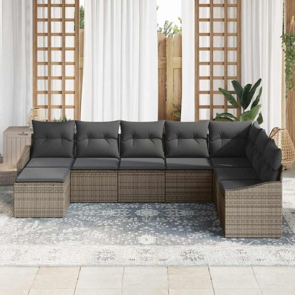 8-teiliges Garten Sofa Set mit Kissen Grau Poly Rattan