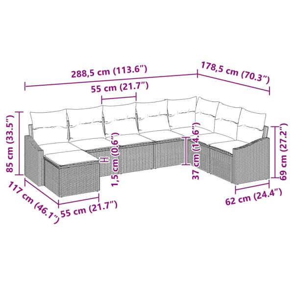8-teiliges Garten Sofa Set mit Kissen Grau Poly Rattan