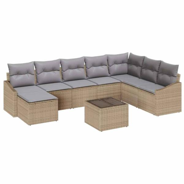 9-teiliges Garten-Sofa-Set mit Kissen in Schwarz Poly Rattan