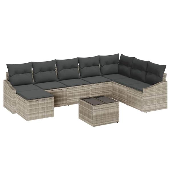 9-teiliges Garten-Sofaset mit Kissen Grau Poly Rattan