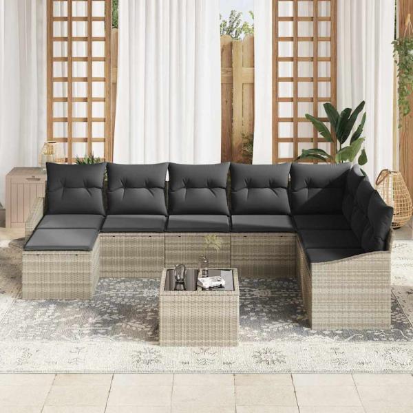 9-teiliges Garten-Sofaset mit Kissen Grau Poly Rattan