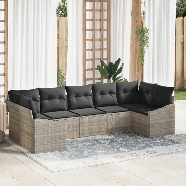 ARDEBO.de - 7-teilige Garten-Sofa-Garnitur mit Kissen hellgraues Poly-Rattan