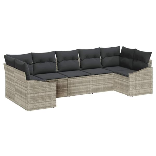 7-teilige Garten-Sofa-Garnitur mit Kissen hellgraues Poly-Rattan