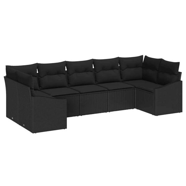 7-teiliges Garten Sofa Set mit Kissen Schwarz Poly Rattan