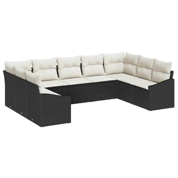 9-teiliges Garten-Sofa Set mit Kissen Schwarz Poly Rattan