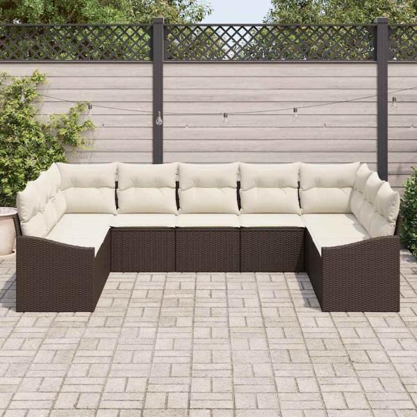 9-teilige Garten Sofagarnitur mit Kissen in Braun Poly Rattan