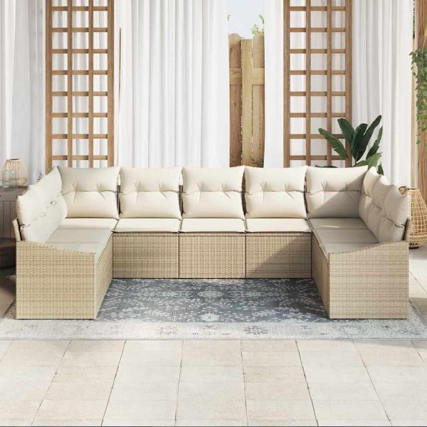 9-teilige Garten Sofa Set mit Kissen Beige Poly Rattan