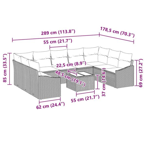 10-teiliges Garten-Sofa-Set mit Kissen Graues Poly Rattan