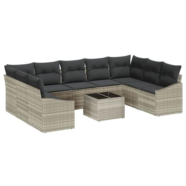 10-teiliges Garten Sofa Set mit Kissen Grau Poly Rattan