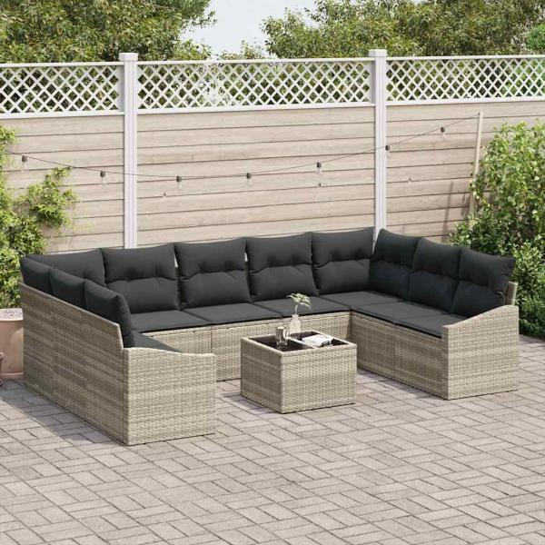10-teiliges Garten Sofa Set mit Kissen Grau Poly Rattan