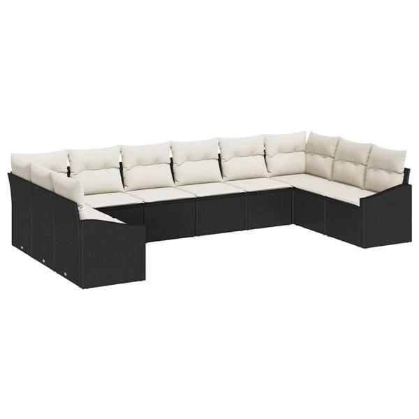 10-teiliges Garten-Sofa-Set mit Kissen - Schwarzer Poly-Rattan