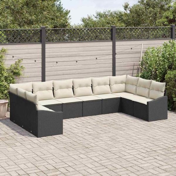 10-teiliges Garten-Sofa-Set mit Kissen - Schwarzer Poly-Rattan