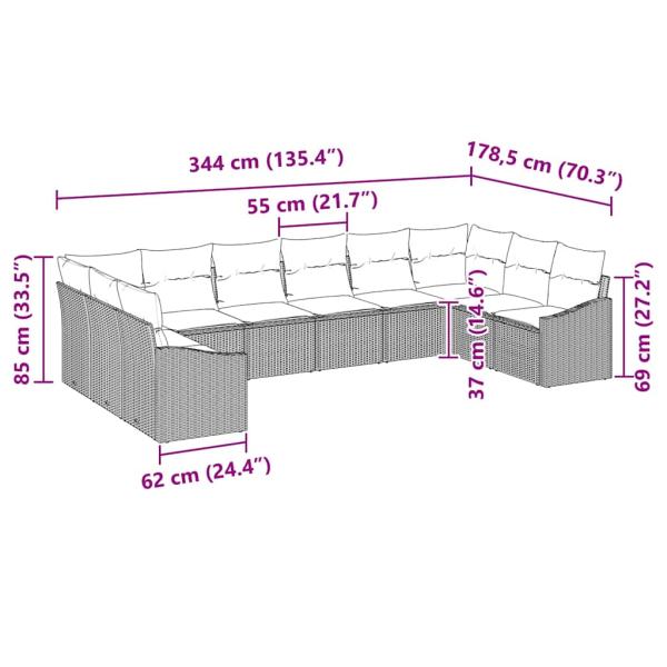 10-teiliges Garten Sofa Set mit Kissen Braun Poly Rattan