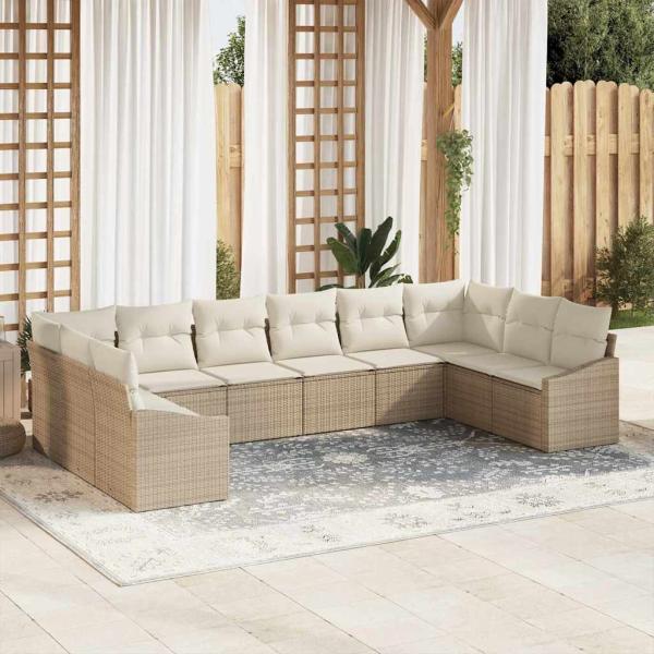 ARDEBO.de - 10-teiliges Garten Sofa Set mit Kissen Beige Poly Rattan