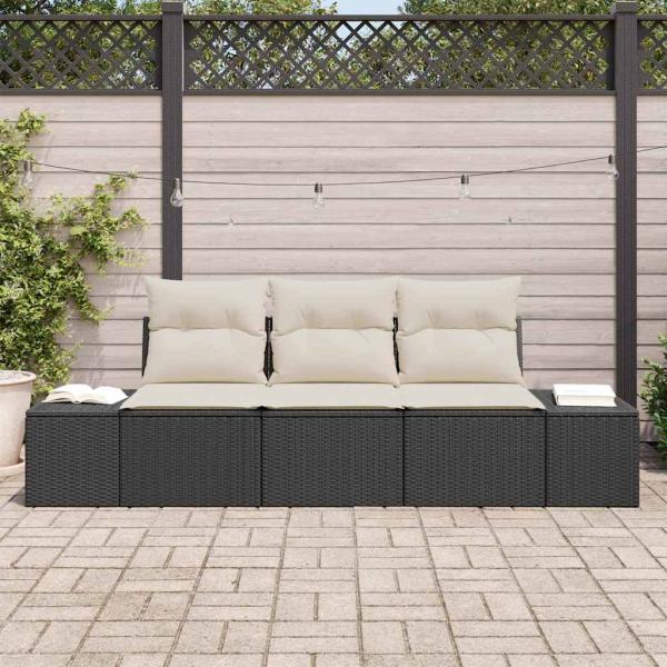 3 Teiliges Garten Sofa Set mit Kissen Schwarz Poly Rattan