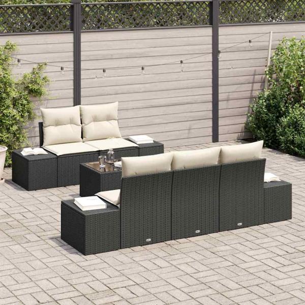 6-teiliges Garten-Sofa-Set mit Kissen, Schwarz Poly-Rattan