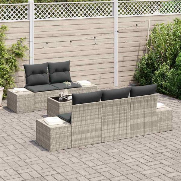 6-teiliges Garten-Sofa-Set mit Kissen Hellgrau Poly-Rattan