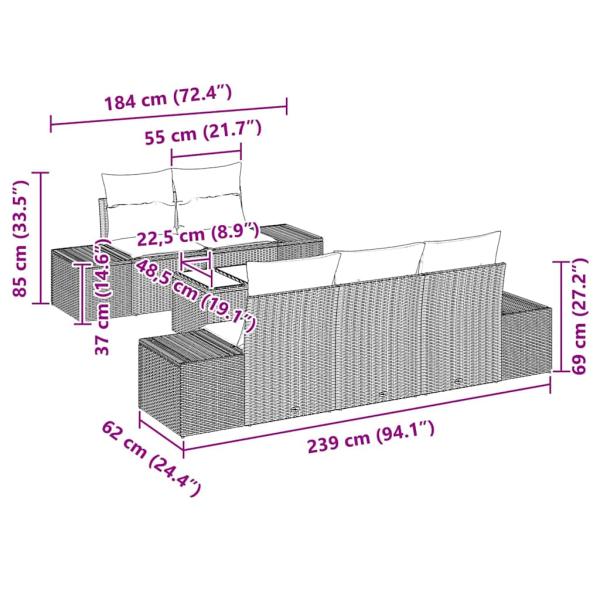 6-teiliges Garten-Sofa-Set mit Kissen Hellgrau Poly-Rattan