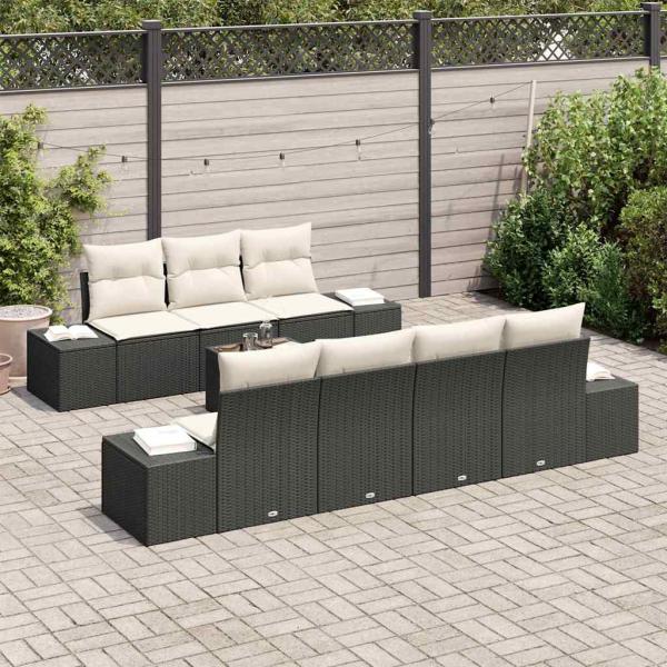 8-teiliges Garten Sofa Set mit Kissen in Schwarz aus Poly Rattan