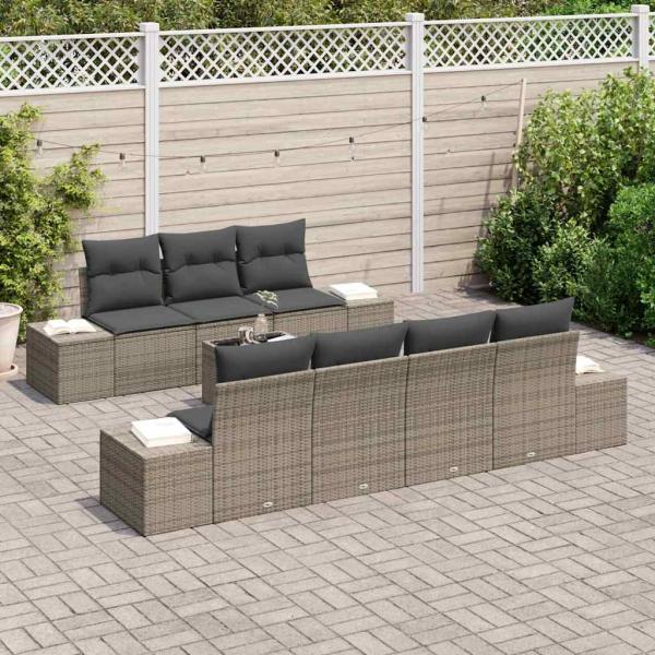 8-teiliges Garten Sofa Set mit Kissen Grau Poly Rattan