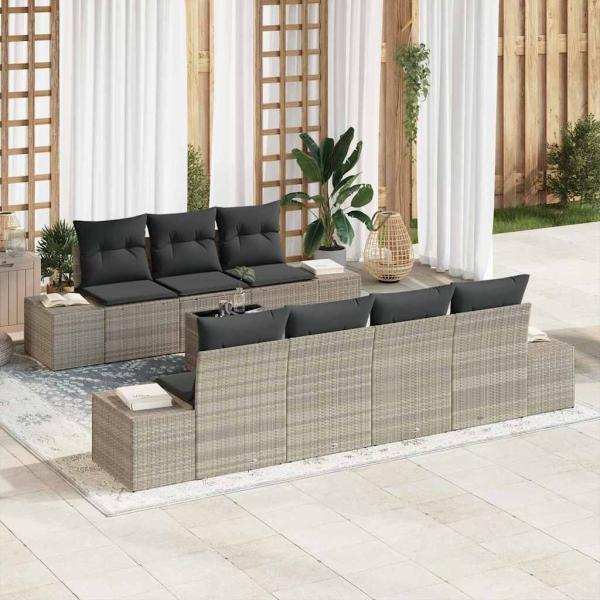 ARDEBO.de - 8-teiliges Garten Sofa Set mit Kissen Hellgrau Poly Rattan
