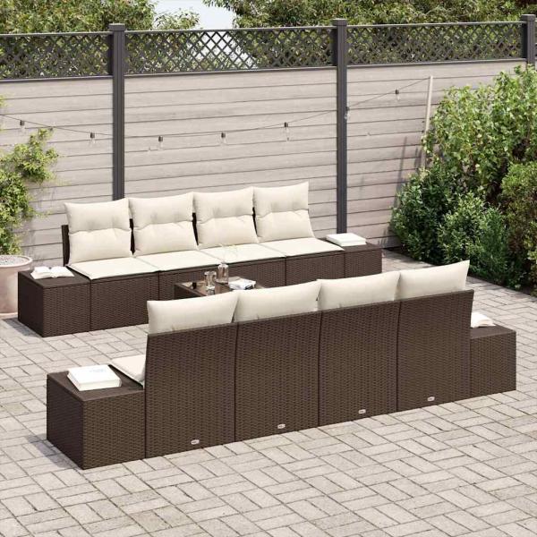 9-teiliges Garten-Sofa-Set mit Kissen Braun Poly Rattan