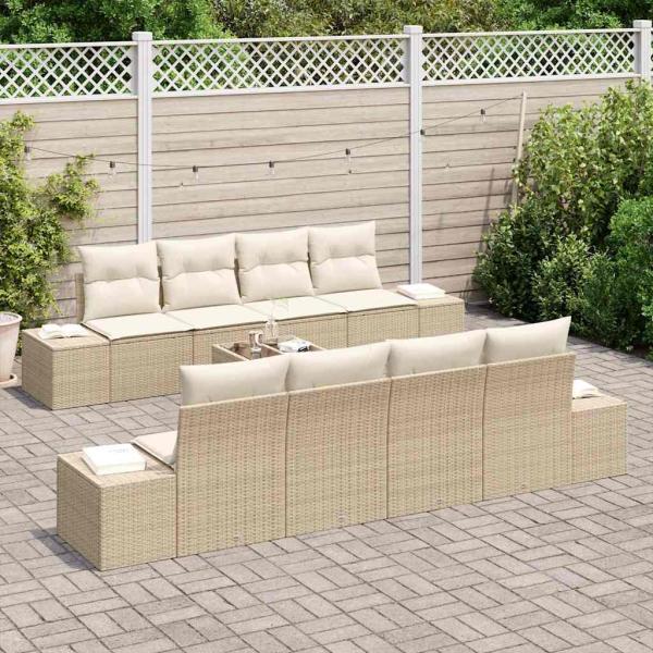 9-teiliges Garten-Sofa-Set mit Kissen Beige Poly Rattan