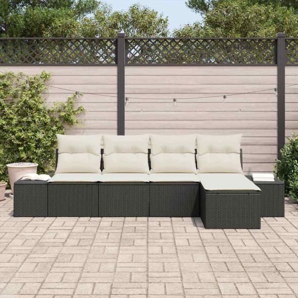 5-teiliges Garten-Sofa Set mit Kissen in Schwarz aus Poly Rattan