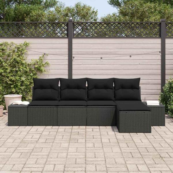 5-teiliges Garten Sofa Set mit Kissen Schwarz Poly Rattan