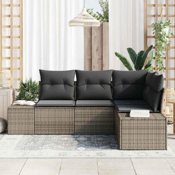 4-teiliges Garten Sofa Set mit Kissen Grau Poly Rattan