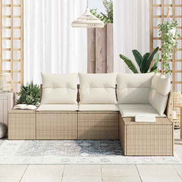 4-teiliges Garten Sofa Set mit Kissen Beige Poly Rattan