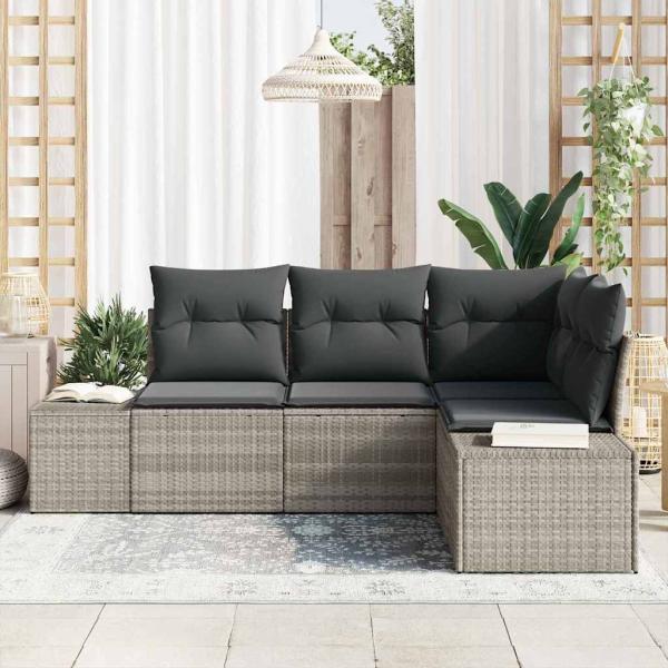 4-teiliges Garten Sofa Set mit Kissen Hellgrau Poly Rattan