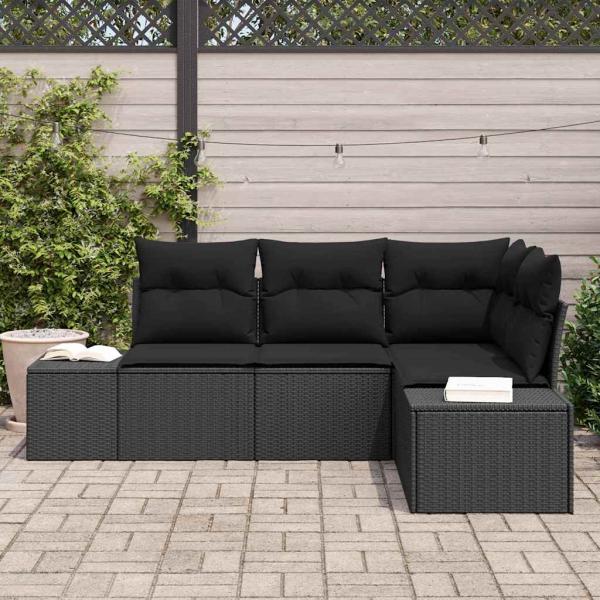 4-teiliges Garten Sofa Set mit Kissen Schwarz Poly Rattan