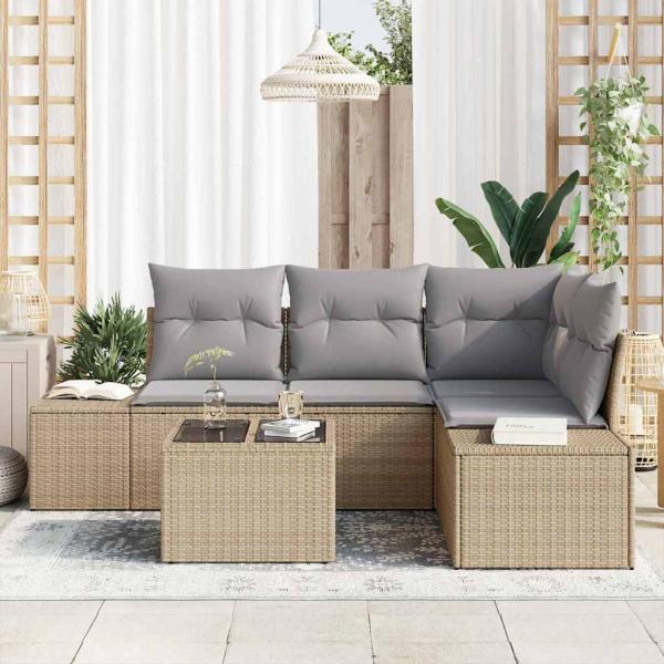 5-teiliges Garten Sofa Set mit Kissen Schwarz Poly Rattan
