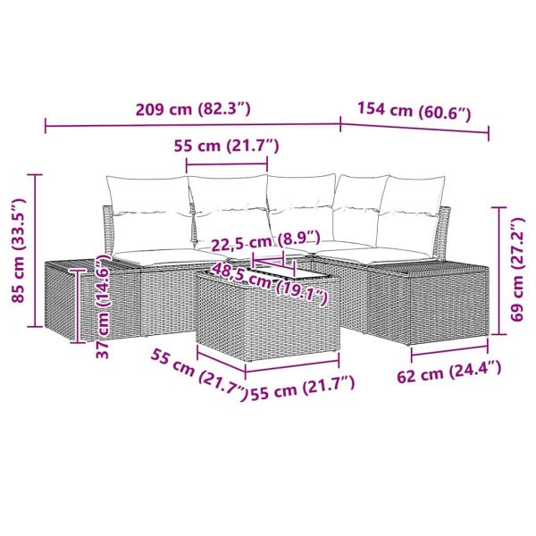 5-teiliges Garten Sofa Set mit Kissen Braunes Poly Rattan
