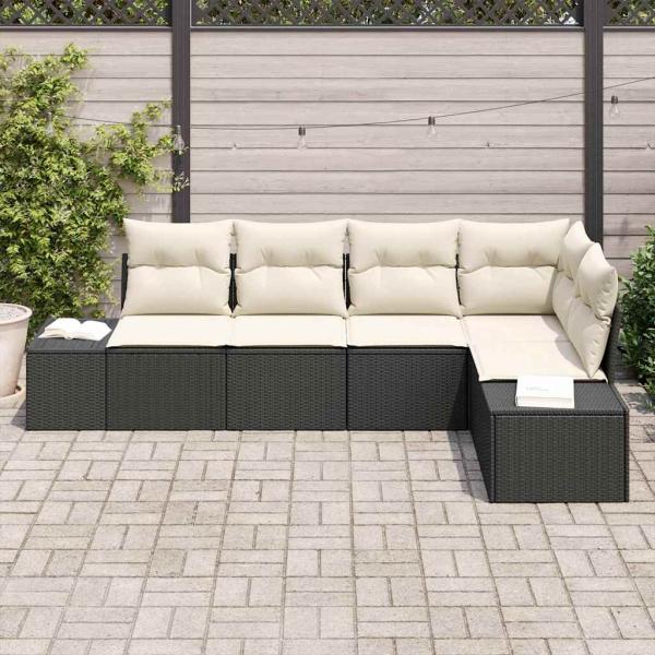 5 Teiliges Garten Sofa Set mit Kissen Schwarz Poly Rattan