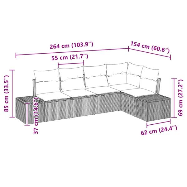 5 Teiliges Garten Sofa Set mit Kissen Schwarz Poly Rattan
