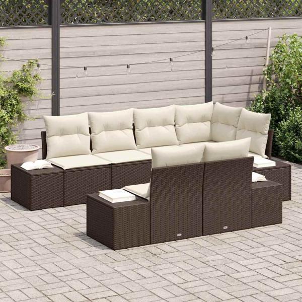 7-teiliges Garten Sofa Set mit Kissen Braun Poly Rattan