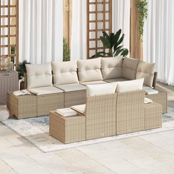 ARDEBO.de - 7-teiliges Garten Sofa Set mit Kissen Beige Poly Rattan