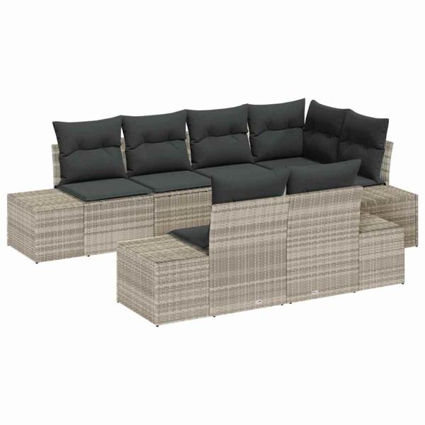7-teiliges Garten Sofa Set mit Kissen Hellgrau Poly Rattan