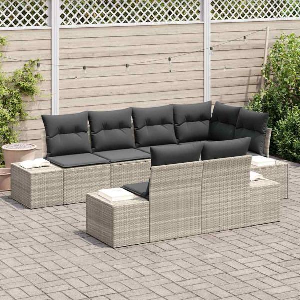 7-teiliges Garten Sofa Set mit Kissen Hellgrau Poly Rattan